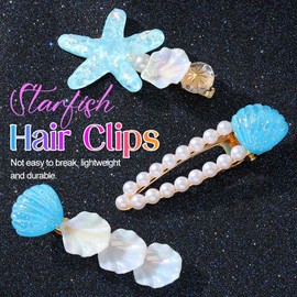 HEREAD Starfish Blue Hair Clips Seashell Mermaid Hair Barrettes Pearl Gold Hair Accessories for Women and Girls (Pack of 3) (Blue)