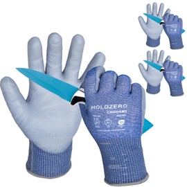 HOLDZERO Cut Resistant Gloves A4 Guard Cut Protection Glove Cutproof Safety Work Gloves with Full Touchscreen Fingers for Kitchen Cutting Glass Handling 3 Pairs Level 5 Blue&Grey Large