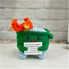 Emotional Support Crochet Dumpster Fire with Positive Card for Coworkers - It's Fine Everything is Fine Cute Room Decor Knitted Decor Coworker, Support Buddies Gifts for Friends