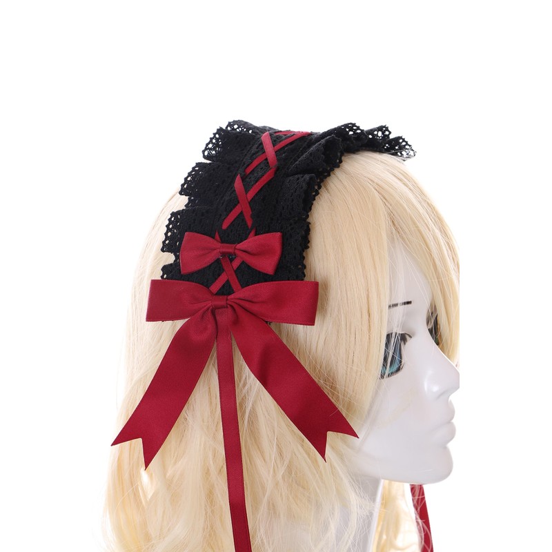 C-07-3 Black Red Maid Lolita Headband with Bow Gothic Hair