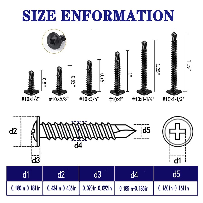 ZAMBASE 100PCS #10x1 Black Crosshead 410 Stainless Steel Self-Drilling Screws