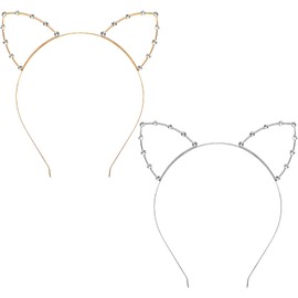 Bunnycool 2 Pcs Crystal Cat Ears Headband Rhinestone Cat Ear Tiaras Hair Band Party Cosplay Costume Accessory for Women Golden Silver