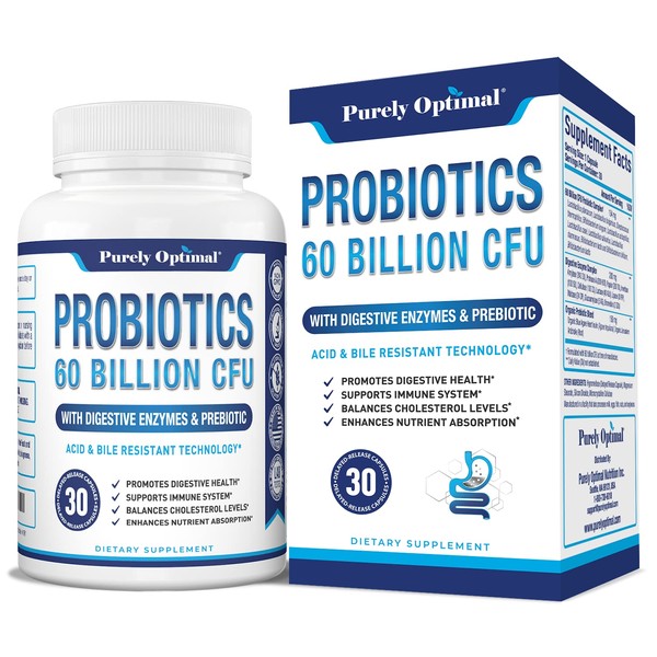 Purely Optimal Premium Probiotics 60 Billion CFU w/Organic Prebiotics & Digestive Enzymes