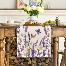 Artoid Mode Purple Flowers Lavender Butterfly Spring Table Runner Seasonal Kitchen Table Decoration Indoor Holiday Party Decor 40 x 140 cm