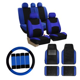 FH Group Car Seat Covers Combo Full Set with Carpet Floor mats Steering Wheel Cover and Seat Belt Pads- Universal Fit for Cars Trucks and SUVs (Blue)