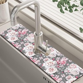 Watercolor Rose Peony Floral Dish Drying Mat for Kitchen Sink Splash Guard Behind Faucet Sink Mat Absorbent Fast Drying Faucet Draining Mat for Bathroom Kitchen 5.5"×24"