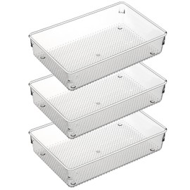 ihomecooker 3 Set Clear Plastic Junk Drawer Organizer Vanity Curlery Utensil Makeups Organizer for Kitchen 6" X9''