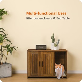 Dwanton Litter Box Enclosure, Cat Litter Box Furniture Hidden, with Scratching Mat, Wooden Cat Washroom Indoor, 31.5" L x 19.7" W x 21.7" H, Warm Brown