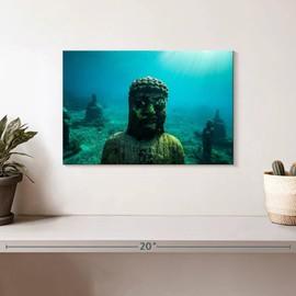 ElephantStock - Underwater Buddha Wall Art - Horizontal Canvas Wall Art - Living Room Wall Decor - Photography Religion And Spirituality Canvas Art - Turquoise And Green Decor - 12" x 8"