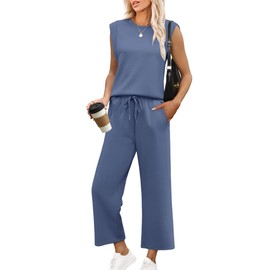 SAMPEEL Lounge Sets for Women 2 Piece Vacation Travel Airport Outfits Summer Matching Sets Women Clothing Resort Wear Wide Leg Crop Pants Sets Blue S