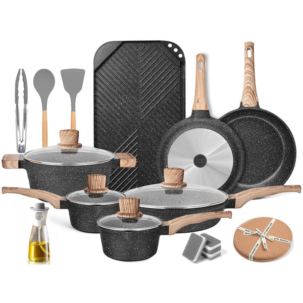 Pots and Pans Set - Caannasweis Kitchen Nonstick Cookware Sets Granite Frying Pans for Cooking Marble Stone Pan Sets Kitchen Essentials Set Gray