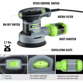 WORKPRO 5-Inch Random Orbit Sander, 6 Variable Speeds 7000 to 14000 RPM
