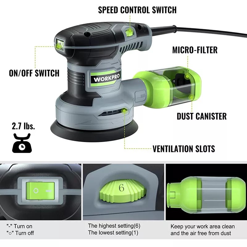 WORKPRO 5-Inch Random Orbit Sander, 6 Variable Speeds 7000 to