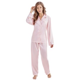 Tony & Candice Women's Classic Satin Pajama Set Sleepwear Loungewear (Medium, Light Pink)
