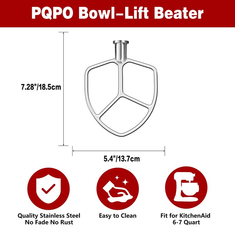Stainless Steel Flat Beater Compatible with KitchenAid 6 Quart Bowl-Lift