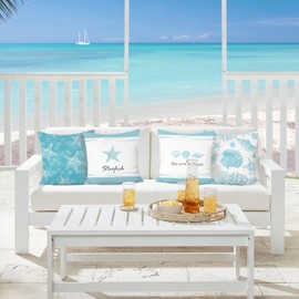 COZZSNUGE Summer Coastal Cushion Covers Starfish Seashell Conch Coral Velvety Decorative Pillowcases for Sofa Bed Home Patio 45 x 45 cm Set of 4