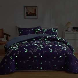 GETIYA Purple Bed Linen 135 x 200 cm Children's Bed Linen Star Moon Luminous in the Dark Single Bed Duvet Cover Purple Blue Reversible Bed Linen Women Girls Bed Linen Soft Duvet Cover with Pillowcase