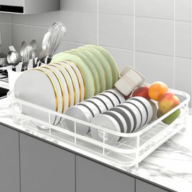 RUBOLTD Dish Drying Rack Stainless Steel Drying Racks for Kitchen Counter Large Capacity Storage Racks with Drainboard Curlery Holder Multicolor (White)