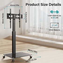 BFTOU Black Mobile TV Stand with Wheels for 27-65”LED LCD OLED Flat Curved Screen Outdoor TVs Height Adjustable Floor TV Cart Max VESA 400x400mm,Rolling TV Stand Holds Up to 88lbs