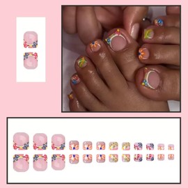 24Pcs Summer Press on Short Square Toenails,YIHONGYAN Nude Fake Toe Nails Press ons Colorful Flowers French Toenails Tip Acrylic Set Glue on Full Cover False Toenails Stick on Women Toenails Reusable