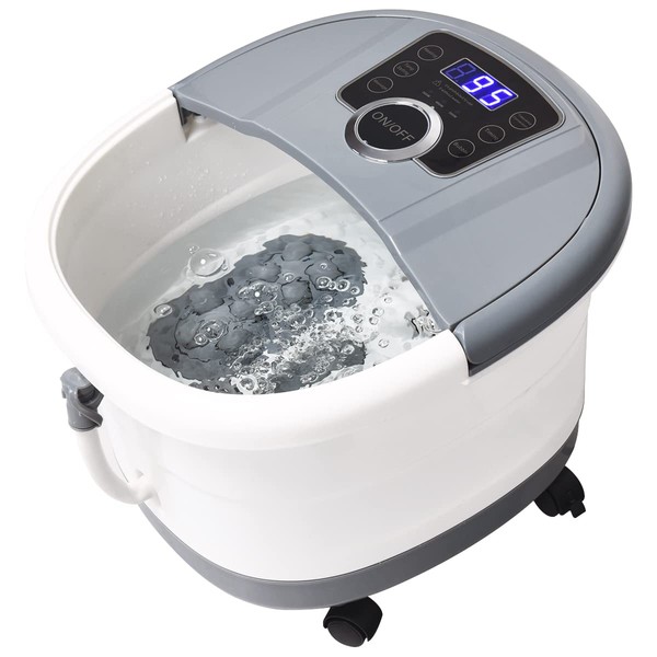 RELAX4LIFE Electric Foot Bath Massager 10-60 Minutes Timer, 35-48°C, Rollable Footwater Tub with Universal Wheels & Brakes, Foot Massage with Heating & Shower Function (Grey-S)