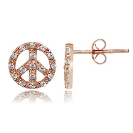 Hoops & Loops 925 Sterling Silver Peace Symbol Cubic Zirconia Small Dainty Stud Earrings for Women Teen Girls, Rose Gold