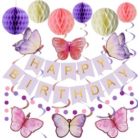 Purple Butterfly Birthday Decoration, Purple Happy Birthday Party Decoration Girl Woman with Happy Birthday Garland Honeycomb Balls Butterflies Hanging Swirls Reusable Butterfly Birthday Decoration