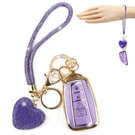 YIKECASE Key Fob Cover with Diamond Keychain Car Key Holder Compatible with 2018-2024 Toyota Highlander RAV4 Camry Avalon C-HR Corolla GT86 Key Protector for Women, 4 Buttons (Purple-Wrist Rope)