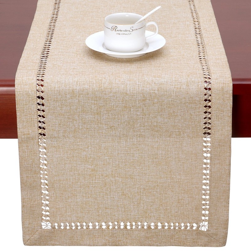 Grelucgo Handmade Hemstitch Beige Table Runner Or Dresser Scarf, Rectangular