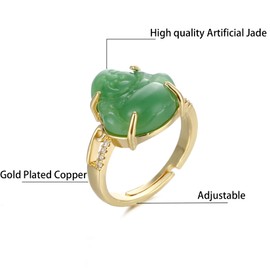 QEPOL Laughing Buddha Ring, Fashion Dainty Green Jade Cubic Zirconia Gemstone Adjustable Lucky Amulet Jewelry Lucky Buddha Ring for Women Men Bling Good Luck Ring (Green)