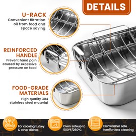 Roasting Pan with U-shape Rack,304 Stainless Steel Bakeware Tray Large Oven Roaster Tray for Baking Turkey,Beef Steak,Lamb Chops,Lemon Salmon,Chicken,Veggies,etc(Included Oil-absorbing Paper)