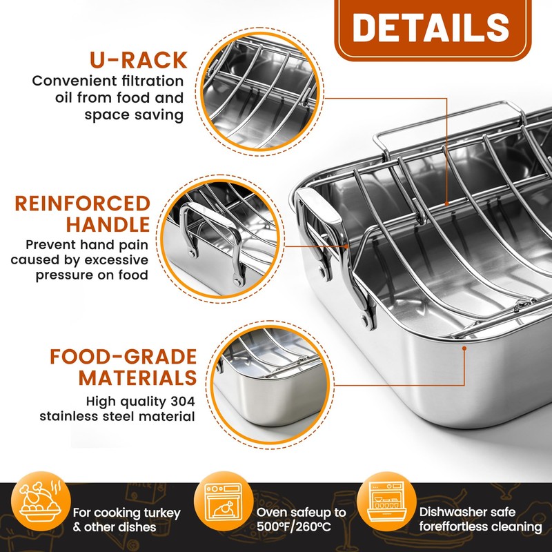 Roasting Pan with U-shape Rack,304 Stainless Steel Bakeware Tray Large