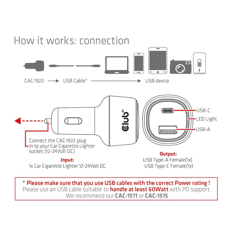 Club3D CAC-1922 Notebook/Laptop 12 V Car Charger 63 Watt