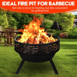 PWSOMJ 23 Inch Cast Iron Round Fire Pit with Grill, 3-in-1 Outdoor Fire Bowl, Fire Pit Table with Metal Lid and Fire Poker, Wood Burning Firepit for BBQ Bonfire Patio Picnic