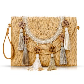 QTKJ Crossbody Bags for Women, Clutch Purses, Straw Beach Bag, Bohemian Handmade Woven Purse, Tassel Handbags for Women Vacation, Travel(Khaki)