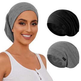 ZHENSILK Silk Satin Bonnet Satin Lined Sleep Cap Hair Wrap for Sleeping Hair Cover Slouchy Beanie Hat for Women Men 2PCS(Black&Grey)