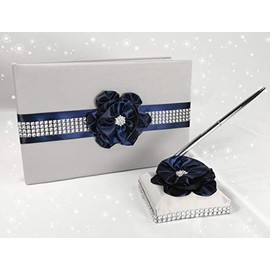 Abbie Home Wedding Guest Book and Pen Set in Silver Satin Cover with Navy Blue Ribbon Flower Rhinestone Decor Luxury Satin Collection Party Favor Set (Navy Blue+Silver)