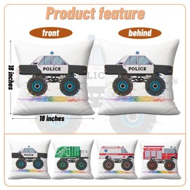 Monster Trucks Pillow Covers, Throw Pillow Covers 18x18, Pack of 4 Zipper Pillow Cases, Firetruck Garbage Truck Ambulance Police Car Pillow Protectors, Bed Playroom Nursery Boys Room Decor Pillowcase