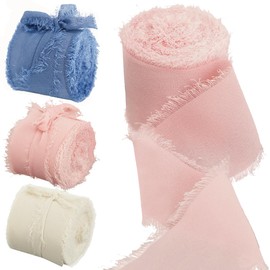 Tverghvad 1-1/2 inch Chiffon Ribbon, 21 Yards Fringed Sides Polyester Silk Ribbons for Wedding Flowers, Wreath, Gift Wrapping, Baby Shower, House Decor. (Blue/Pink/Cream)