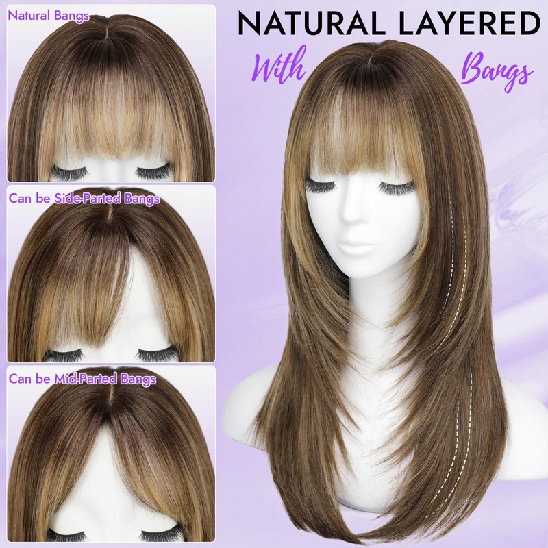 Eawwii Wig with Bangs for Women,Brown Blonde Synthetic 4x4 Scalp