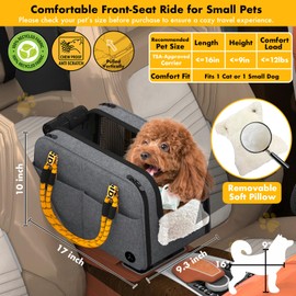 PAWZIDEA Center Console Dog Car Seat, Enclosed Small Dog Armrest Booster Carseat, Secure Straps &Anti Slip, Portable TSA Approved Puppy Pet Carrier Soft-Sided, Removable Pillow Storage Pocket, up 12lb