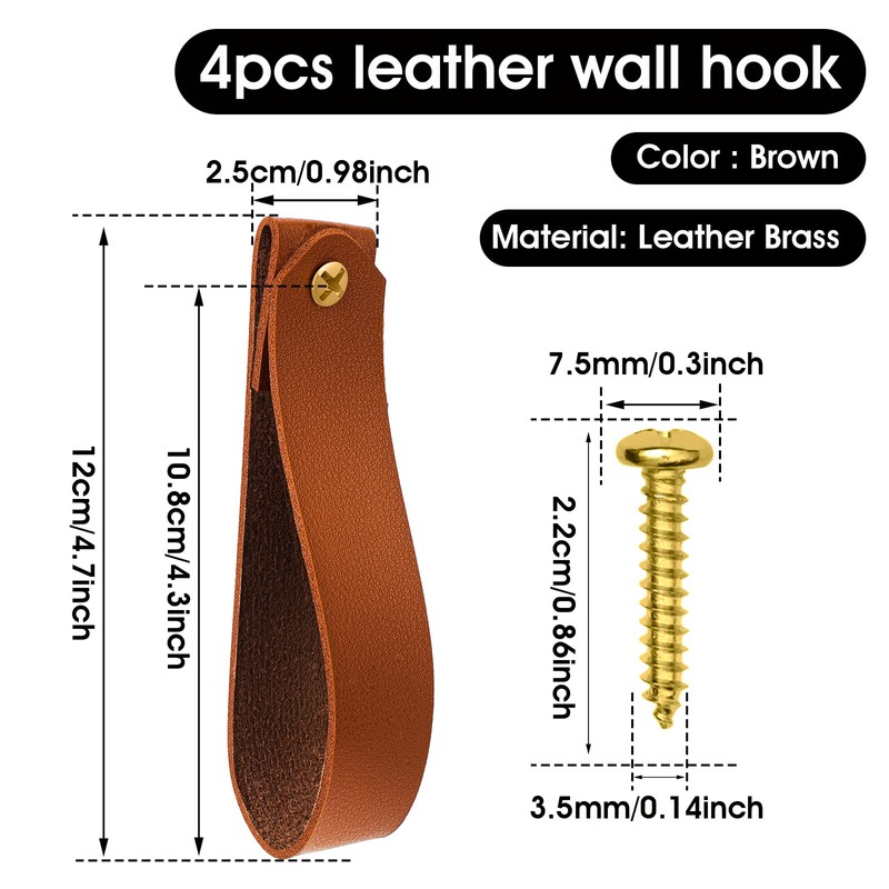 Abeillo 4 Pcs Leather Wall Hooks, Wall Hanging Straps Hanger