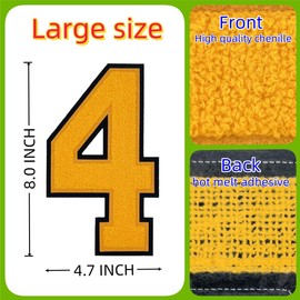 1 Pcs 8.0" Yellow Chenille Number Patches, Iron On or Sew On Appliques for Clothing, Jackets, Backpacks Varsity Style Large Number Patches Pair with Varsity Letter Patches (Yellow 4)