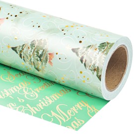 WRAPAHOLIC 30 Inch Jumbo Reversible Green Christmas Wrapping Paper - 30 Inch x 33 Feet - Watercolor Green Christmas Tree Wrapping Paper with Metallic Foil Shine for Holiday, Party, Celebration