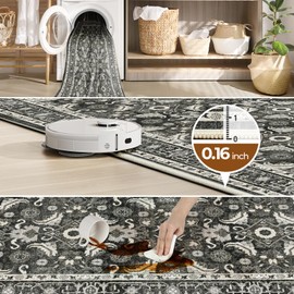 WITSHOCK Washable Area Rug, Area Rugs 9x12 Living Room Bedroom, Vintage Boho Accent Kitchen Rugs Non Slip Washable Stain Low Pile Resistant Floor Carpet, Dining Room Office Home Outdoor Rug, Black