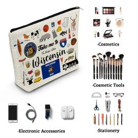 YULUENZE Take Me To Wisconsin Makeup Bag Wisconsin Travel Gift Small Canvas Organizer Bag with Zipper Wisconsin Cosmetic Bag Travel Present for Women Friends Families