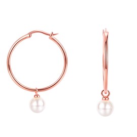 SWJEWEL Gold Plated 8mm Pearl Hoop Earrings for Women Fashion Hypoallergenic Chuncky Large 25mm Circle Dangle Drop Earrings Set (Rose Gold)