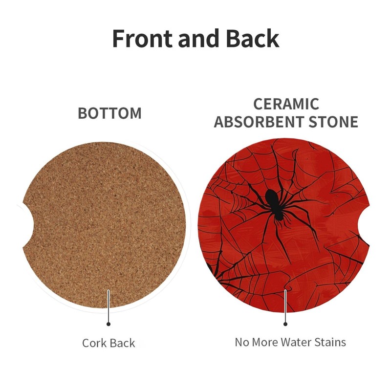 Neukim 2pcs Car Coaster Hallowen Spider Webs On Red Absorbent