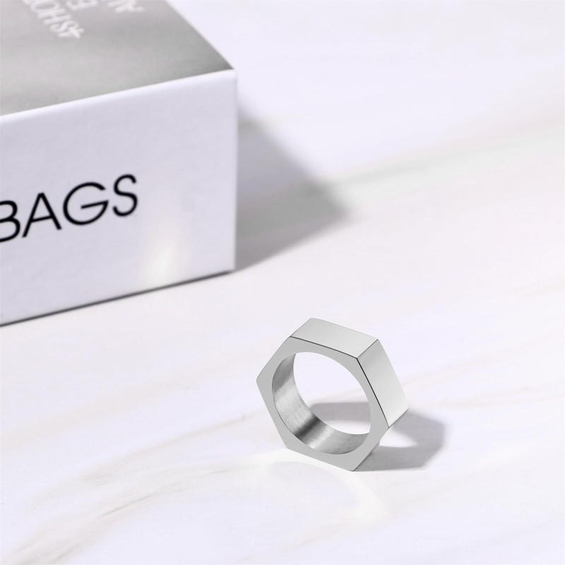 Hexagon Geometric Ring for Men Women：Mens Silver Stainless Steel Cool
