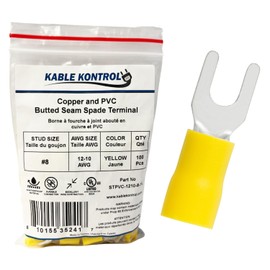 Kable Kontrol Insulated Fork Terminals PVC Spade Connectors – Copper - 12-10 AWG, Stud Size #8 100 Pcs – Marine Grade Electrical Wire Crimp Terminals, for Automotive, Marine HVAC, Aerospace - Yellow